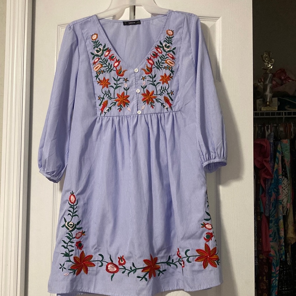 SHEIN Striped Button Front Lantern Sleeve Embroidered Dress